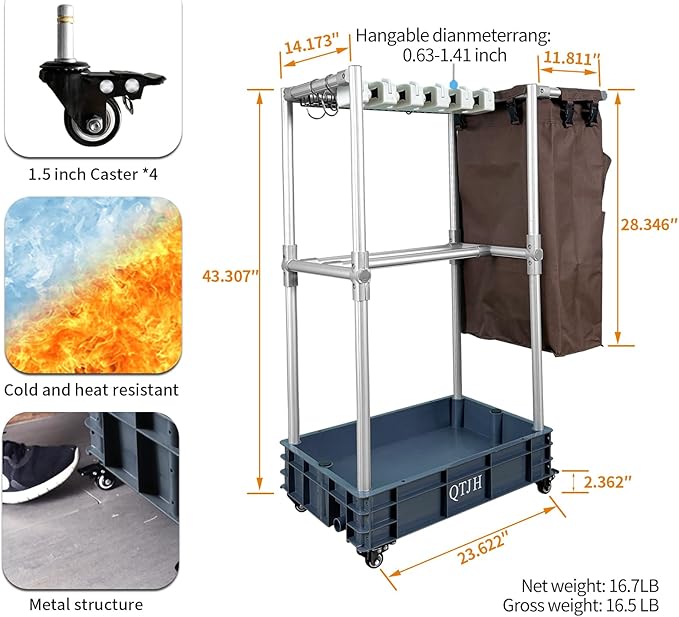 Rolling Cleaning Cart, Cleaning Tools Organizer, Housekeeping & Janitorial Cart