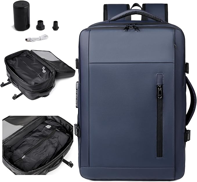 Vacuum-sealed travel computer backpack, Water-Resistant, With vacuum pump, Multiple Compartments, Anti-theft combination lock (Black)