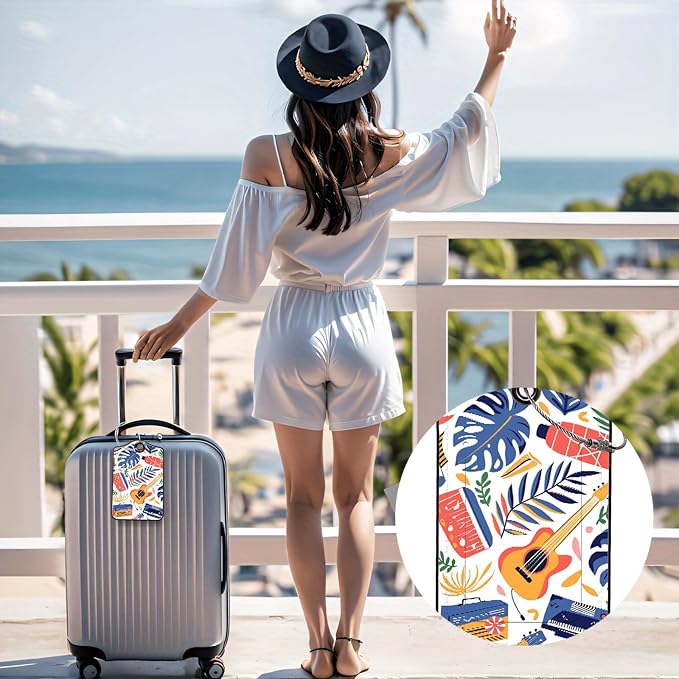 Luggage Tags for Suitcases, 2-Pack PU Leather for Cruise & Travel, Baggage ID Tags with Privacy Cover & Address Card, Durable Metal Ring, Kids Adults Travel Accessories, Tropical Rhythms