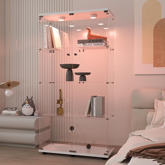 Beauty4U Glass Display Cabinet with LED Light, 4 Shelves with 2 Doors, Curio Cabinets for Living Room, Bedroom, Office, White Floor Standing Glass Bookshelf, Quick Installation