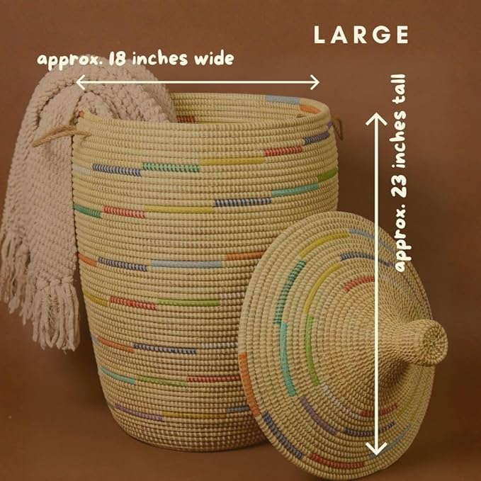 Tall Large Decorative Wicker Storage Basket with Lid, Laundry Hamper, Blanket Storage, Toys Bin, Clothes Holder, Boho Style (Colors Beige)