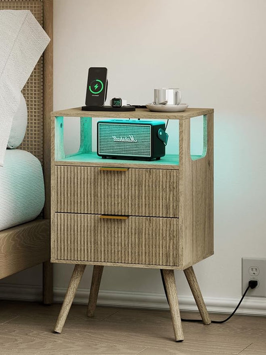 Nightstand with Charging Station and LED Lights, Modern Bedside Table with 2 Storage Drawer and Open Wood Shelf for Bedroom and Small Spaces, Night Stand with Solid Wood Legs