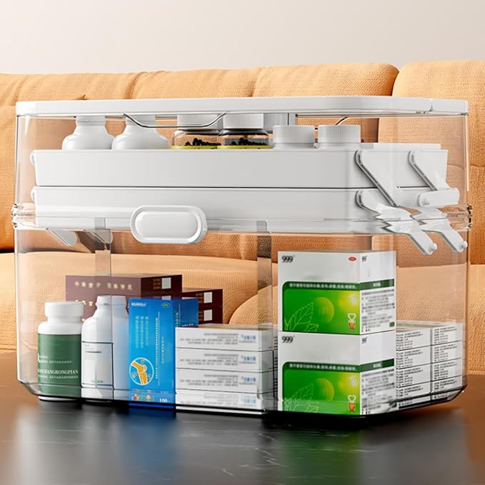 3-Tier Portable Medicine Storage Box, Medical Organizer with Removable Small Medicine Box, Dustproof & Moisture-Proof, Family Size with Transparent Visual Design, Suitable for Home&Travel Use (Clear)