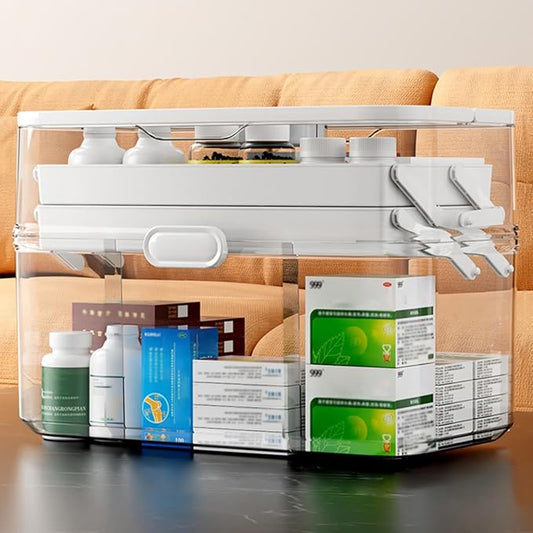 3-Tier Portable Medicine Storage Box, Medical Organizer with Removable Small Medicine Box, Dustproof & Moisture-Proof, Family Size with Transparent Visual Design, Suitable for Home&Travel Use (Clear)