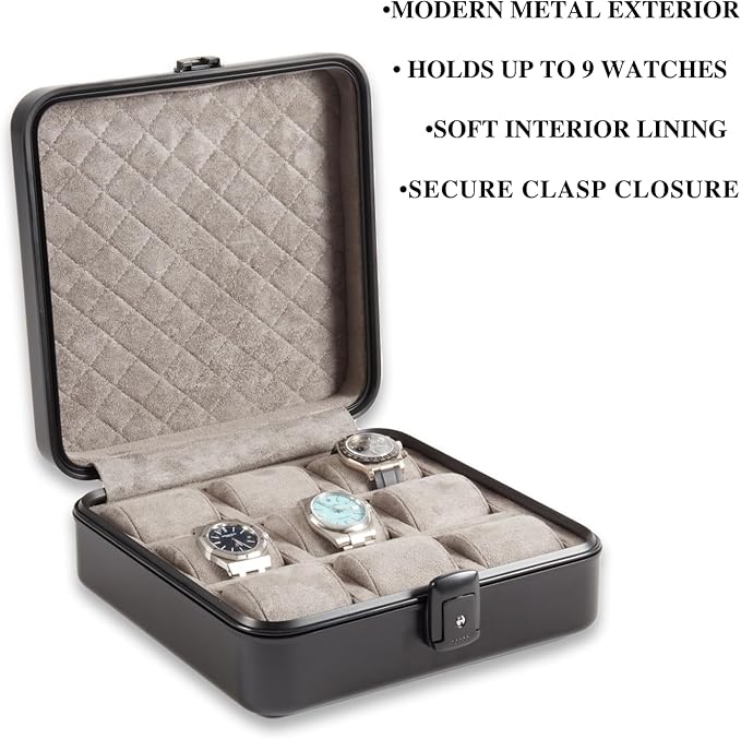 Bey-Berk Personalized Prague Aluminum 9-Slot Watch Case (Matte Black), Locking Travel Metal Watch Box with Quilted Interior, 9.75" x 3" x 10.25"