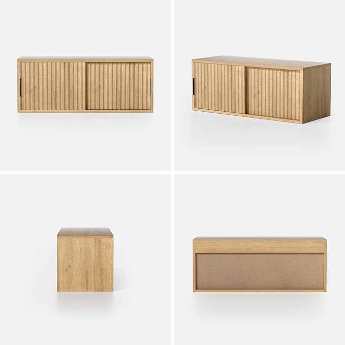 Floating TV Stands Set of 2, Modern Fluted Large Floating Nightstand Wall Mounted Bedside Cabinet with Sliding Doors for Bathroom, Living Room, Bedroom, Natural Oak