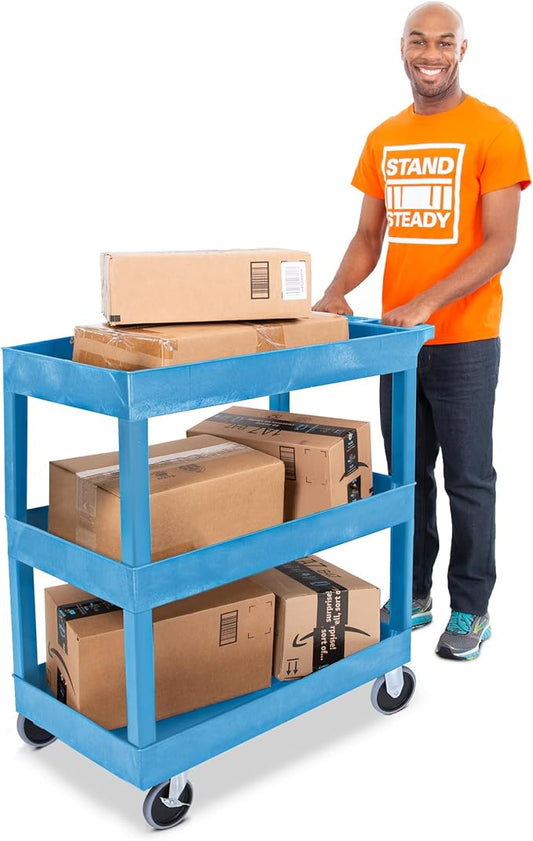 Stand Steady Tubstr 3 Shelf Utility Cart | Made in USA | Heavy Duty Tub Cart Holds Up to 500 lbs. | Storage Cart & Rolling Tool Cart for School, Office, Garage & Warehouse (32 x 24in / Blue)
