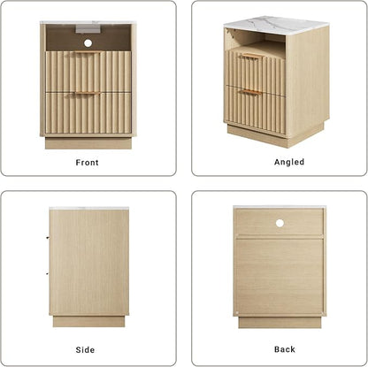 Fluted Night Stand Set 2 with Charging Station, 18" Mid-Century Modern Nightstand with Faux Marble Top, 2 Drawers End Table with Storage for Bedroom Living Room, Curved Profile, Natural Oak