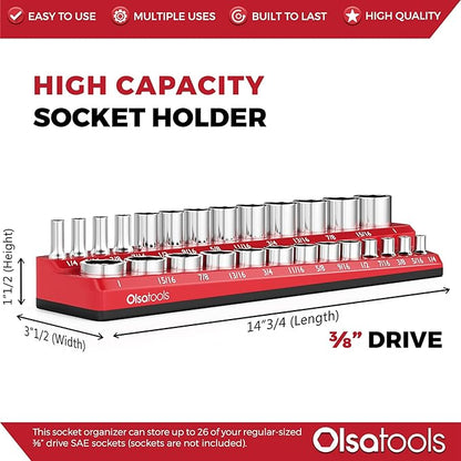 Olsa Tools Magnetic Socket Organizer | 3/8-inch Drive | SAE | RED | Holds 26 Sockets | Professional Quality Tools Organizer