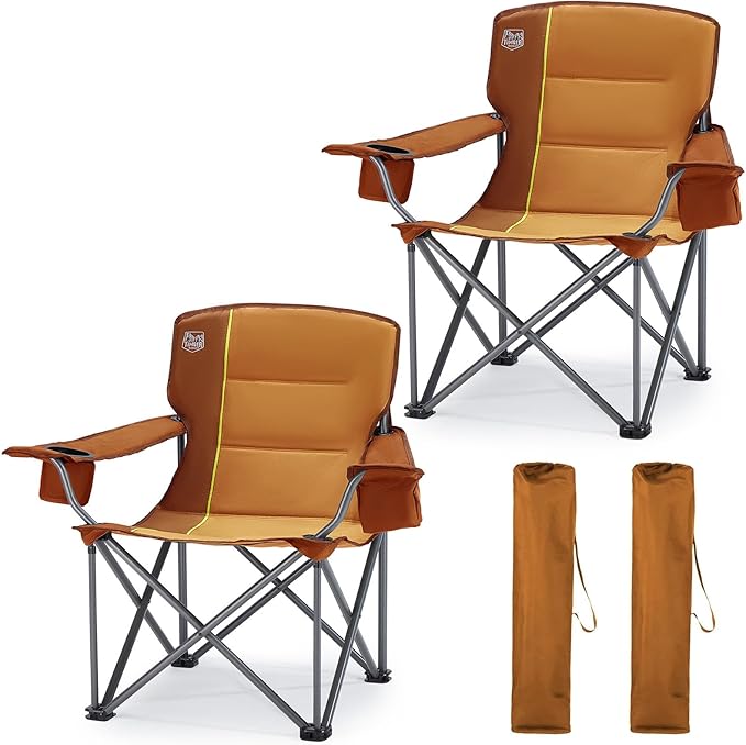 TIMBER RIDGE Oversized Folding Camping Chair for Adults, Support 550 LBS Heavy Duty with Cup Holder Side Pocket for Camp, Lawn, Picnic, Oange, 2 Pack