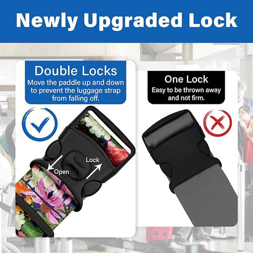 2 Pack Luggage Straps for Suitcases, Adjustable Travel Belt with Double Lock and Quick Release Buckle, Heavy Duty Nylon Bag Packing Strap, Bright Identifiers Business Travel Accessories-Flower Garden