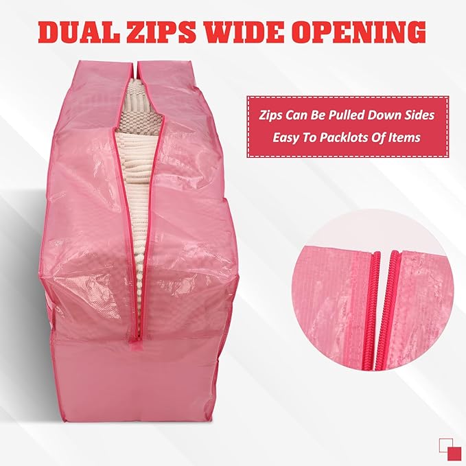 4 Pcs 66 Gallon Large Moving Bags with Zipper and Handles Foldable Storage Duffle Bags Heavy Duty Extra Large Totes for College Dorm Travel Clothes Blankets Bedding Moving (Jelly Pink)