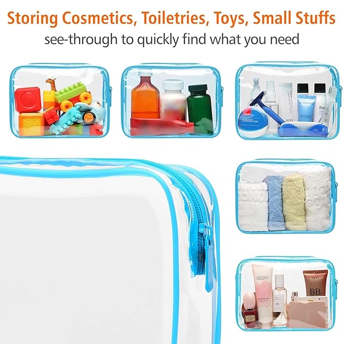 Packism Clear Makeup Bag - Waterproof TSA Approved Toiletry Bag Quart Size Bag, Clear Makeup Bags with Zipper, Carry on Airport Airline Compliant Pouch, 3 Pack, Blue