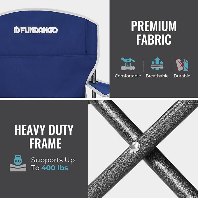 FUNDANGO Folding Camping Chair with Table, Portable Heavy Duty Outdoor Padded Chairs for Adults with Cup Holders for Lawn Beach Picnic Outside Travel (Blue)