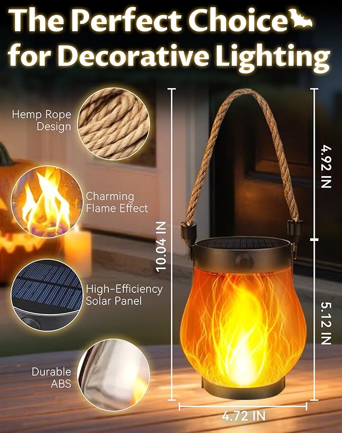 Kaliqo Solar Lantern Outdoor Lights - Official, Waterproof Kaliqo Solar Flame Lights Hangable with Dancing Flame, Hemp Rope Hanging Flame Lanterns,Dual Charging Modes, Smokeless (4 Pack)
