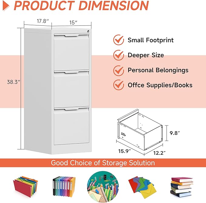 3 Drawer File Cabinet with Lock,Vertical Filing Cabinets for Home Office,Heavy Duty Metal File Cabinet for Hanging A4/Letter/Legal Size File,Vertical File Cabinet 15" W X 17.8" D X 38.3" H-White