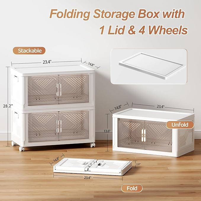 Storage Bins with Lid 76QT, Stackable Storage Containers with Wheels and Magnetic Doors, Plastic Clothes Closet Organizers and Storage Box for Home and Office(2 Pack)