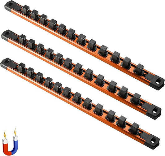 ALOANES 3-Piece Magnetic Socket Organizer, Heavy Duty Aluminum Socket Rails Organizer, 360° Swivel Clips Socket Holder Kit for Tool Box, 1/2-Inch Socket Holder x 36 Clips (Orange)