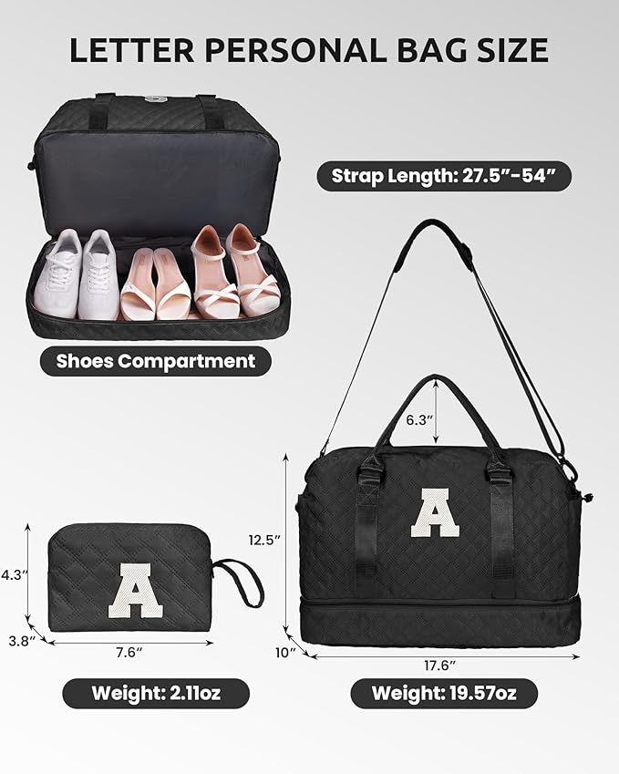 Birthday Gifts-for Women-Initial Duffle Bag with Shoe Compartment, Personalized Weekender Bag, Monogram Overnight Bag, Letter Travel Bag with Makeup Bag，Friend Wife Birthday Gift (Letter C)