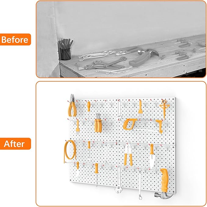 TORACK Metal Pegboard Panels and Hooks for Garage, Workbench, Shop, Shed Tool Organizer Peg Board with 1/8" & 1/4" Holes, Modular Wall-Mounted Pegboard with Pegboard Hooks(Cream White)