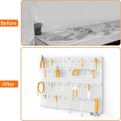 TORACK Metal Pegboard Panels and Hooks for Garage, Workbench, Shop, Shed Tool Organizer Peg Board with 1/8" & 1/4" Holes, Modular Wall-Mounted Pegboard with Pegboard Hooks(Cream White)