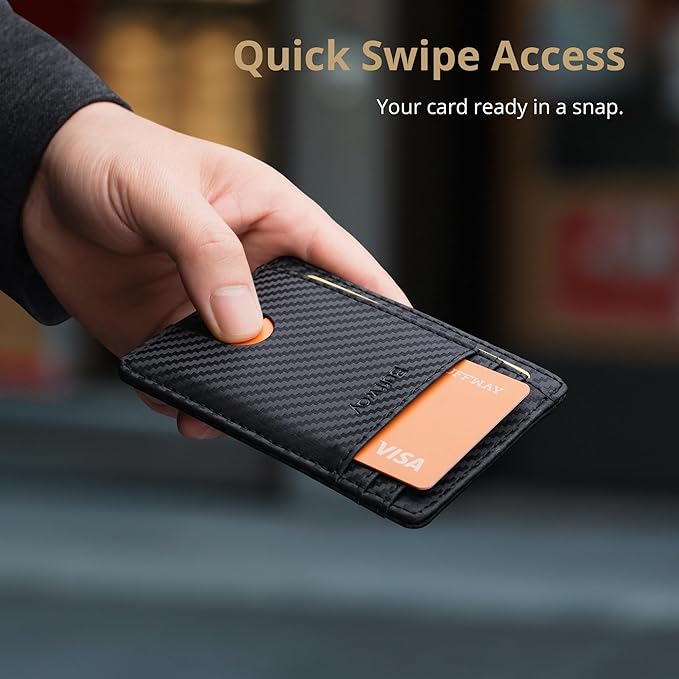 Buffway Slim Minimalist Front Pocket RFID Blocking Leather Wallets for Men and Women - Carbon Fiber Black