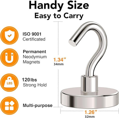 MIKEDE Strong Magnetic Hooks, 120Lbs Heavy Duty Magnetic Hooks for Cruise Cabin, Neodymium Earth Magnets with Hooks for Hanging, Super Metal Industrial Magnetic Hanger for Grill, Cruise, Storage