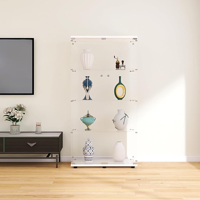 Beauty4U Glass Display Cabinet with 4 Shelves, 2 Doors Curio Cabinets for Living Room, Bedroom, Office, White Floor Standing Glass Bookshelf, Quick Installation