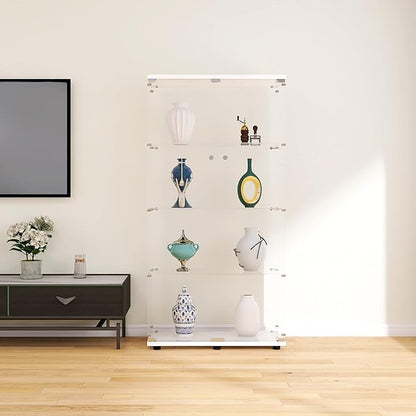 Beauty4U Glass Display Cabinet with 4 Shelves, 2 Doors Curio Cabinets for Living Room, Bedroom, Office, White Floor Standing Glass Bookshelf, Quick Installation