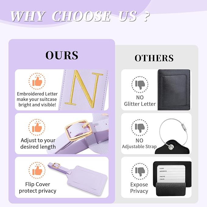 Personalized Initial Luggage Tags for Suitcase, Purple Leather Cute Luggage Tags with Privacy Cover Name Card, Embroidered Custom Monogrammed Luggage Tag Travel Backpack Tags Gifts for Women Kids(N)