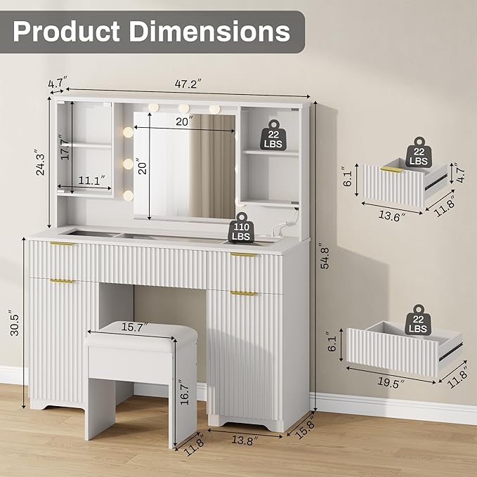 ONME Fluted Makeup Vanity Desk with Mirror and Lights, for Women and Girls, Vanity Table with Drawers, Glass Top, Power Outlet & Adjustable Shelves, Modern Dressing Table for Bedroom