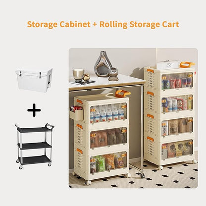 58 QT Storage Bins with Lids, Stackable Rolling Storage Cart with Clear Doors, 4 Tier Storage Cart on Wheels, Plastic Storage Containers for Home, Office, Kitchen, Bedroom, White