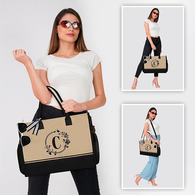TOPDesign Personalized Initial Canvas Tote Bag, for Wedding, Birthday, Beach, Perfect Gifts for Women, Mom, Teachers, Friends