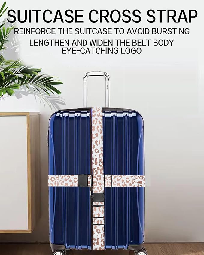 Luggage Straps for Suitcases, Adjustable Travel Belt, Durable Wide Luggage Strap, Cute Suitcase Strap Identifiers with Buckle, Bag Straps for Luggage, White Pink Leopard