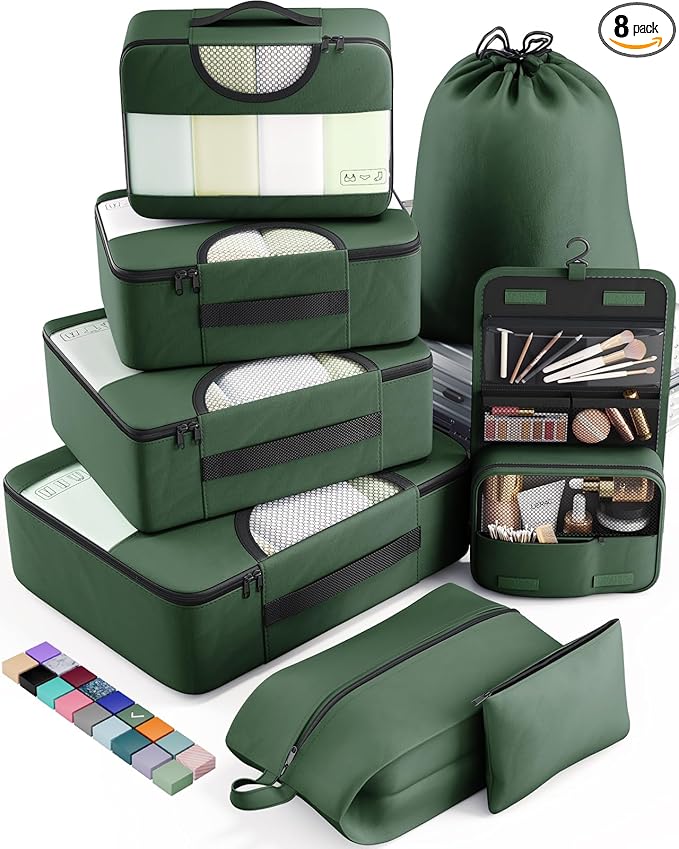 Veken 8 Set Packing Cubes for Travel Essentials, Suitcase Organizer Bags in 4 Sizes, Carry-On Luggage Accessories with Large Laundry & Hanging Toiletry Bag, Must-Have for Airplane, Road Trip & Camping