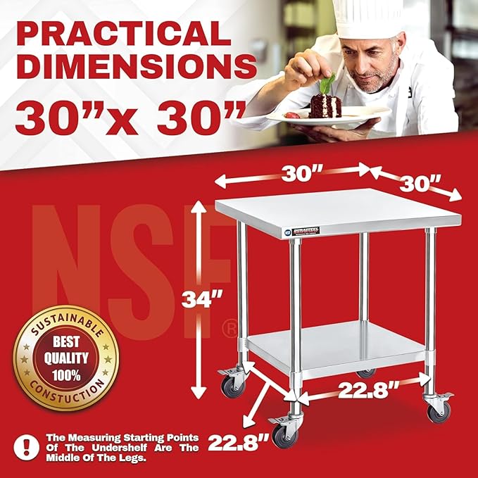 DuraSteel 30x30 NSF Stainless Steel Cart Work Table - Heavy Duty Rolling Food Prep Table Countertop Island - Metal Utility Cart on Wheels Caster, Grill Stand Storage Outdoor Kitchen Tables Bar Top