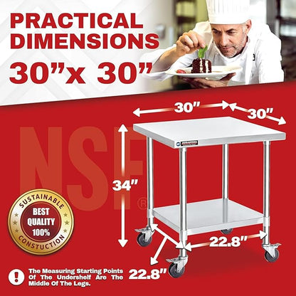 DuraSteel 30x30 NSF Stainless Steel Cart Work Table - Heavy Duty Rolling Food Prep Table Countertop Island - Metal Utility Cart on Wheels Caster, Grill Stand Storage Outdoor Kitchen Tables Bar Top