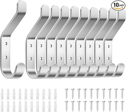 10-Pack Coat Hook for Hanging, 20LB (Max), Stainless Wall Hooks for Towel, Hat, Backpack, Key, Clothes, Wall Mounted Coat Hanger for Closet, Metal, Silver 3.75“