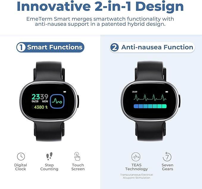 EmeTerm Smart FDA-Cleared Anti-Nausea Wristwatch Touchscreen IP67 Waterproof Morning Motion Sickness Relief Rechargeable Fast Acting Drug Free