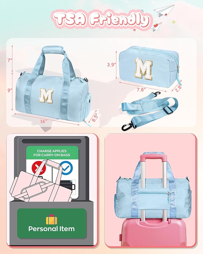 Easter Gifts for Teens Girls-Girl Gym Bag with Shoe Compartment, Kid Personalized Weekender Overnight Bags, Initial Travel Tote with Makeup Pouch, Gift for 3 4 5 6 7 Year Old Kids (Letter T)
