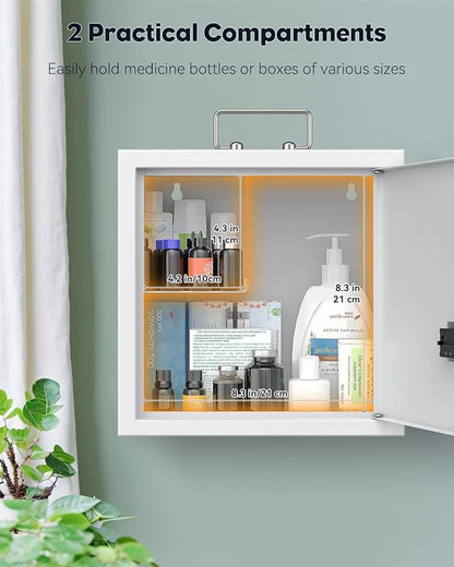 Uniclife Wall Mount Medicine Cabinet with Combination Lock & Handle Locking First Aid Cabinet Lockable Medical Cabinet Medium Medicine Organizer Secure Steel Wall Cabinet Metal Storage Box, White