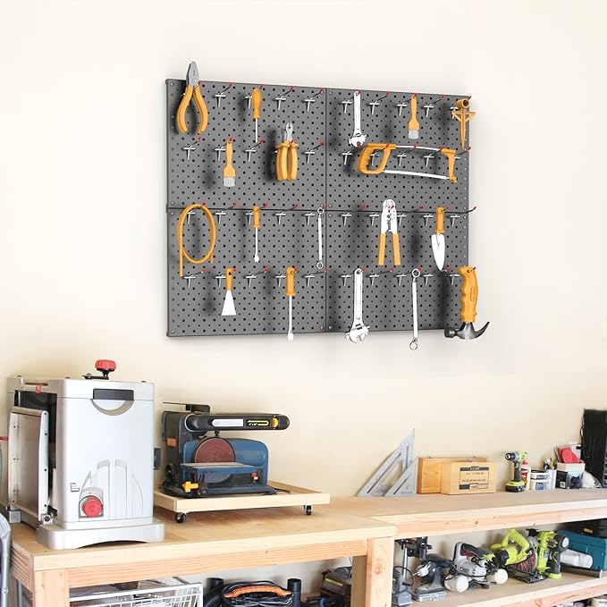 TORACK Metal Pegboard Panels and Hooks for Garage, Workbench, Shop, Shed Tool Organizer Peg Board with 1/8" & 1/4" Holes, Modular Wall-Mounted Pegboard with Pegboard Hooks(Black)