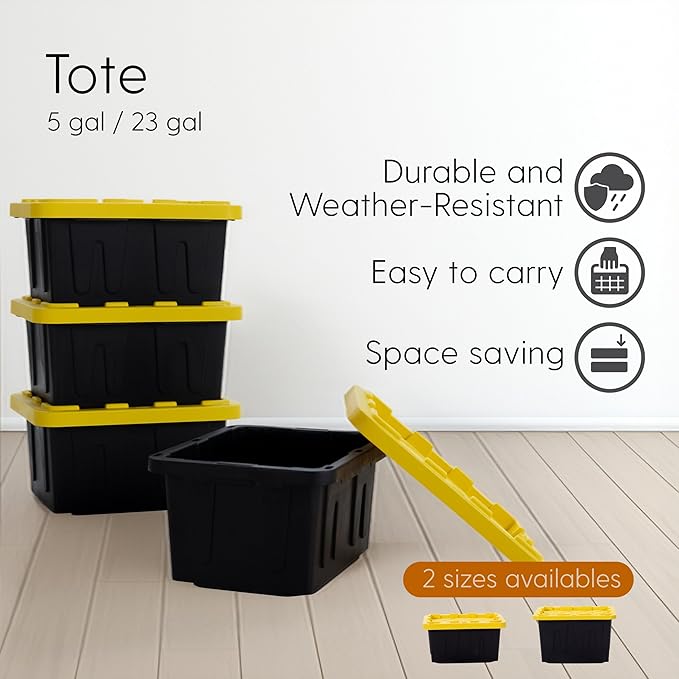 Plastic 5-Gallon Storage Tote with Lockable Lid, Stackable Tough Regular-Duty Bin for Garage, Tools, and Home Organization (4-Pack) - Black and Yellow