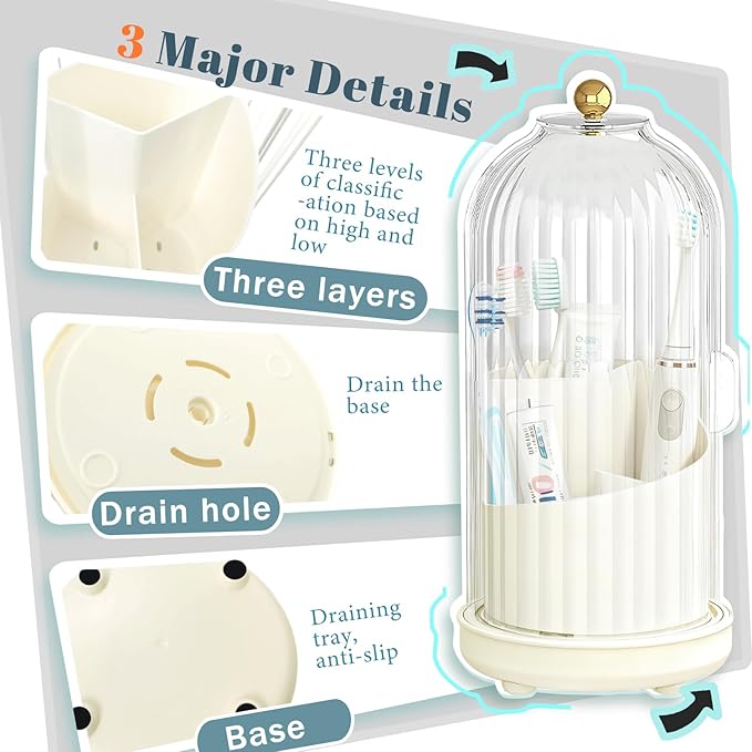 Multifunctional Rotating Toothbrush Holders with Sliding Lid and Draining Tray, 3-Slot Bathroom Countertop Vanity Organizer for Tooth Brush, Toothpaste, and Makeup Brushes Holder Storage (White)