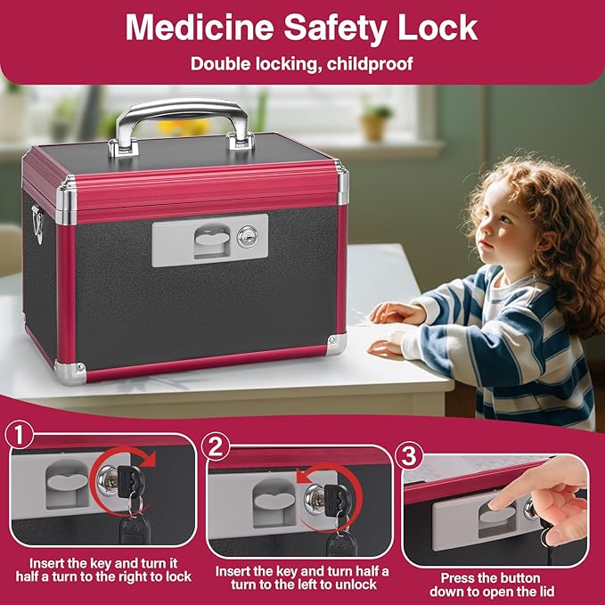 Medicine Lock Box for Safe Medication - 11.2 x 7.6 x 7.6 Inches - Lockable Storage Box for Drugs, First Aid Kit Empty, Lock Boxes with Key for Home/Outdoor (Black & Red/Medium)