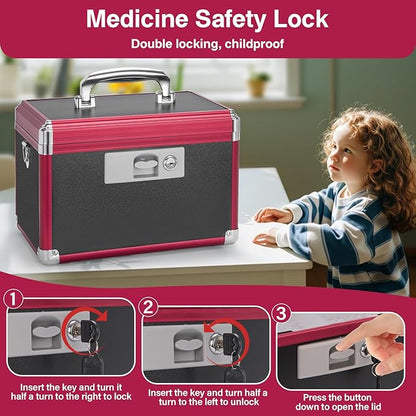 Medicine Lock Box for Safe Medication - 11.2 x 7.6 x 7.6 Inches - Lockable Storage Box for Drugs, First Aid Kit Empty, Lock Boxes with Key for Home/Outdoor (Black & Red/Medium)