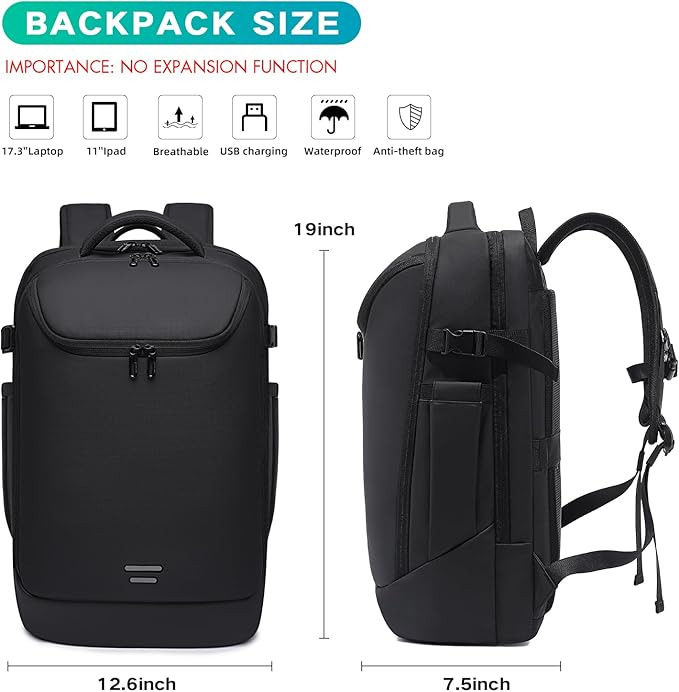 Travel Backpack for Women, Carry on Luggage 30L Flight Approved Water-resistant Lightweight Business Backpack Fits 17.3 Inch Laptop with Shoes Compartment, Black