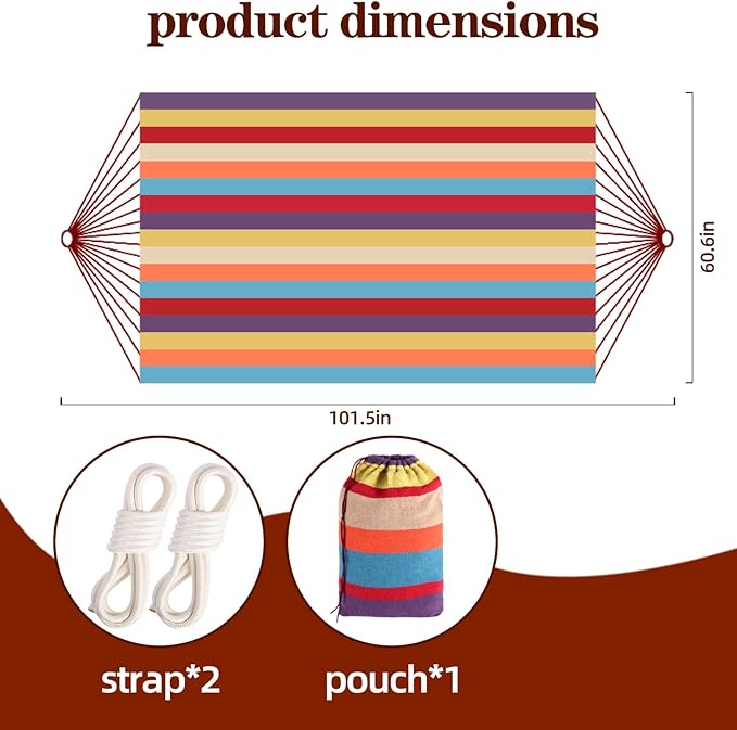 Camping Hammocks for Backyard Hanging Sturdy Garden Comfortable Fabric Hammock Indoor Tree Straps Up to 616lbs Weight Capacity with Travel Bag for Camping Portable Outdoor Patio (Multicolour)