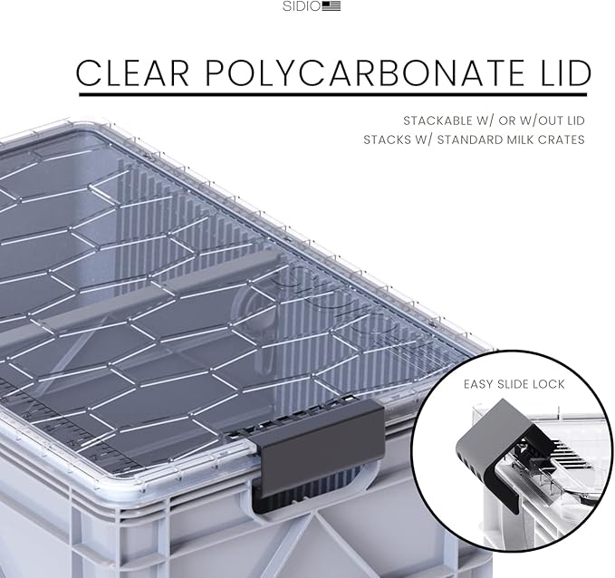 SIDIO CRATE Starter Pack - Two Full Size and One Half Size SidioCrate, Stackable Outdoor Organizer Storage Bins with Clear Lid and Dividers - Gray