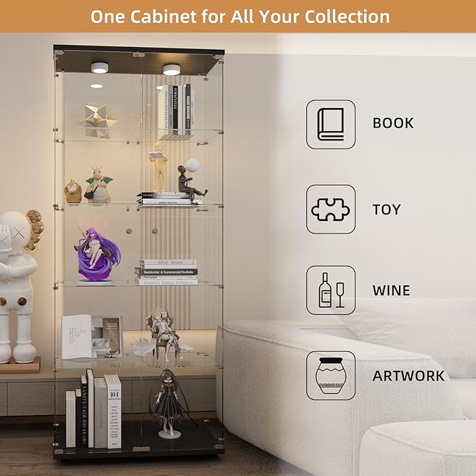 Beauty4U Glass Display Cabinet with Lights, 5 Shelves with 2 Doors, Curio Cabinets for Living Room, Bedroom, Office, Black Floor Standing Glass Bookshelf, Quick Installation